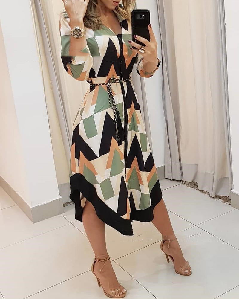 Contrast geometric print round swing shirt skirt