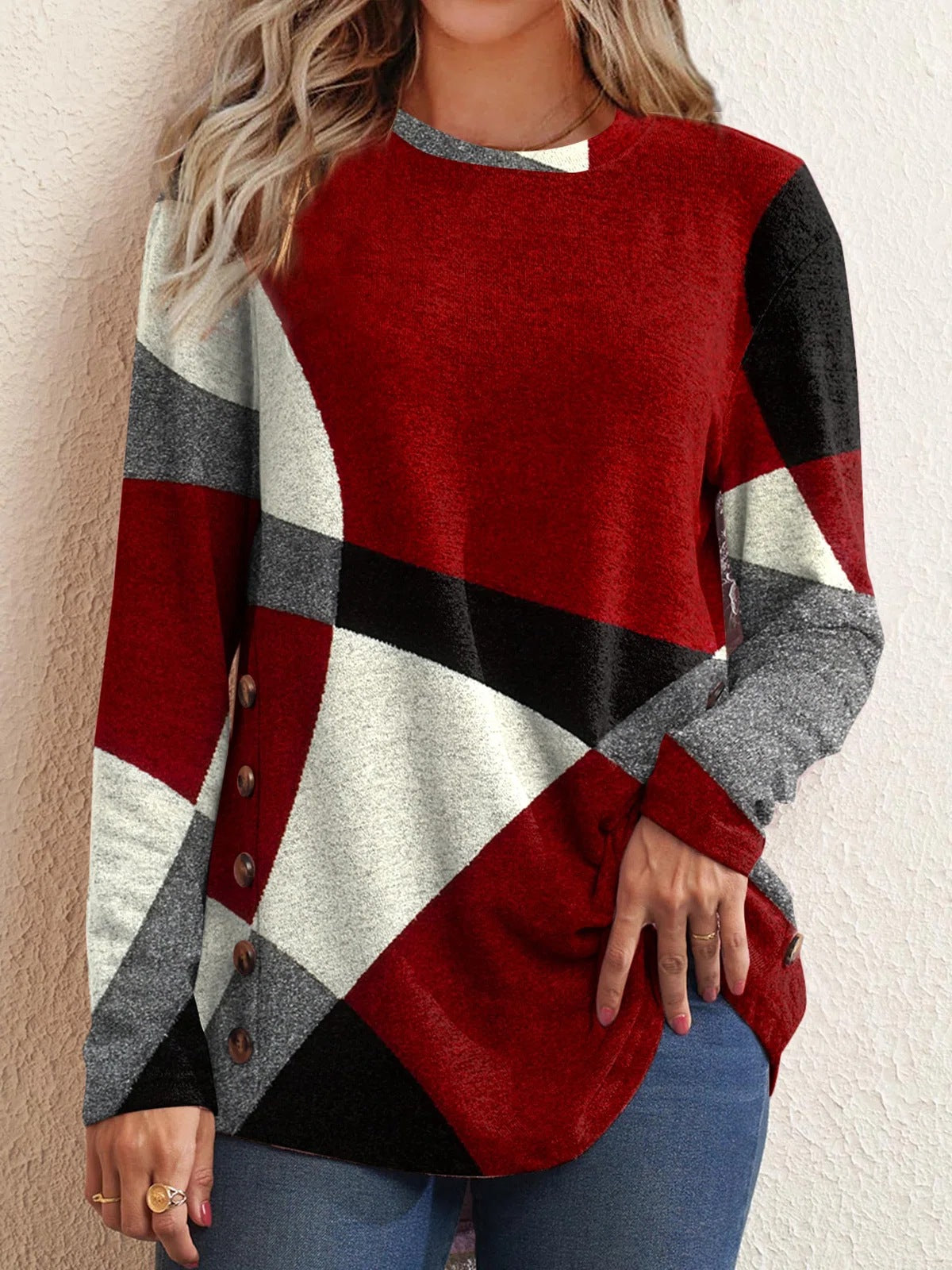 Button Geometric Contrast Long Sleeve Print Loose T-Shirt