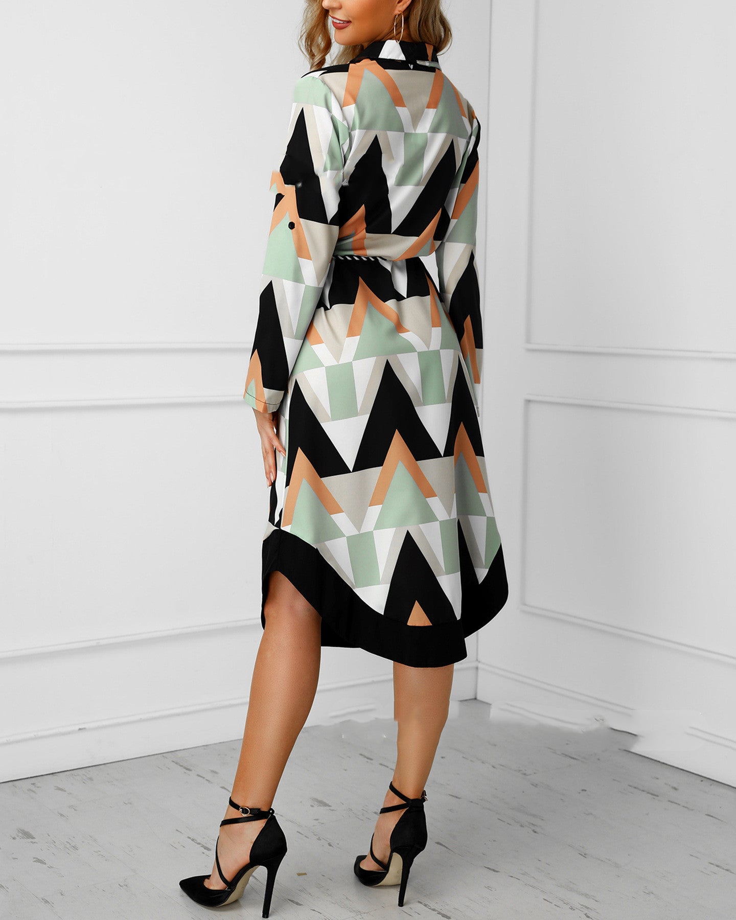Contrast geometric print round swing shirt skirt