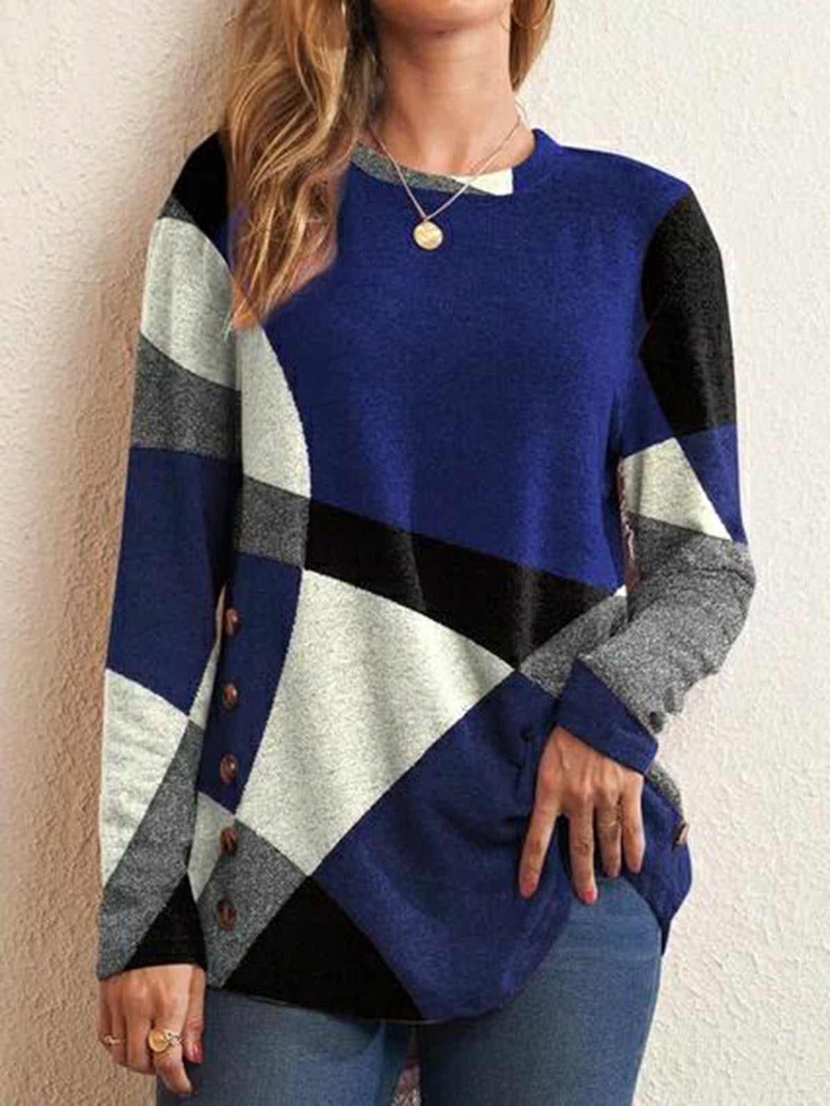 Button Geometric Contrast Long Sleeve Print Loose T-Shirt