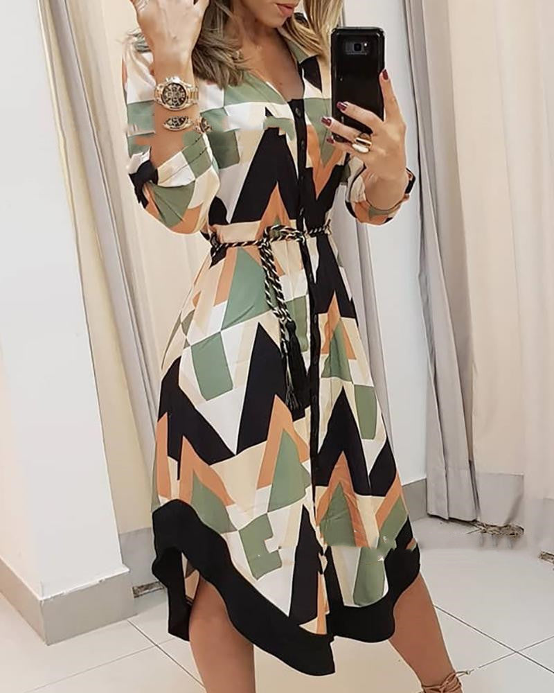 Contrast geometric print round swing shirt skirt