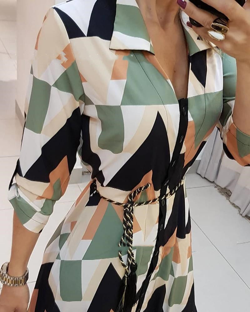 Contrast geometric print round swing shirt skirt