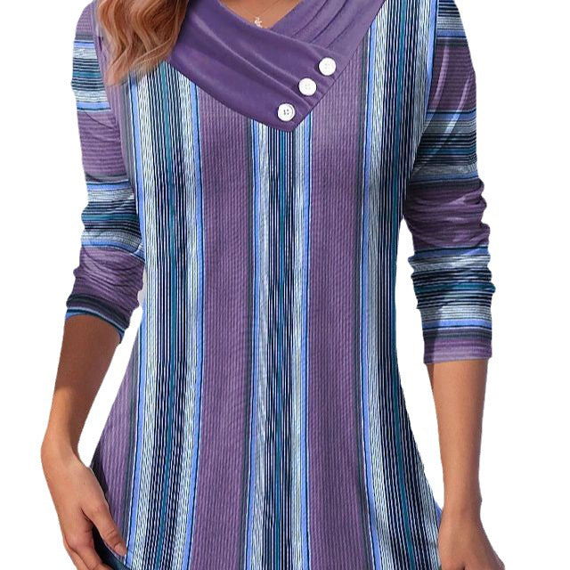 Geometric Stitching Contrast Color Women's V-neck Long Sleeve