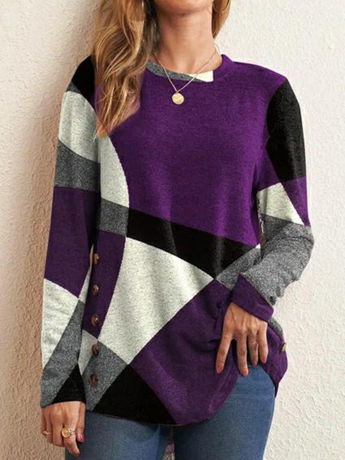 Button Geometric Contrast Long Sleeve Print Loose T-Shirt