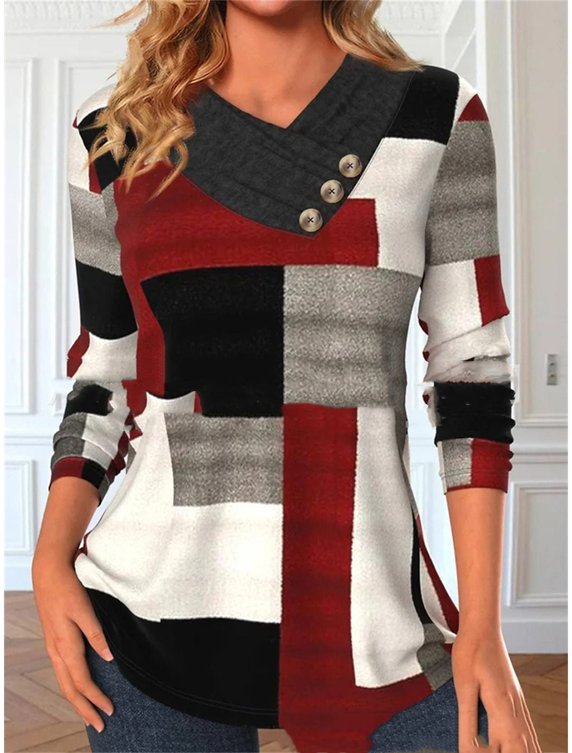 Three-button V-collar Contrast Color Long-sleeved Sweater