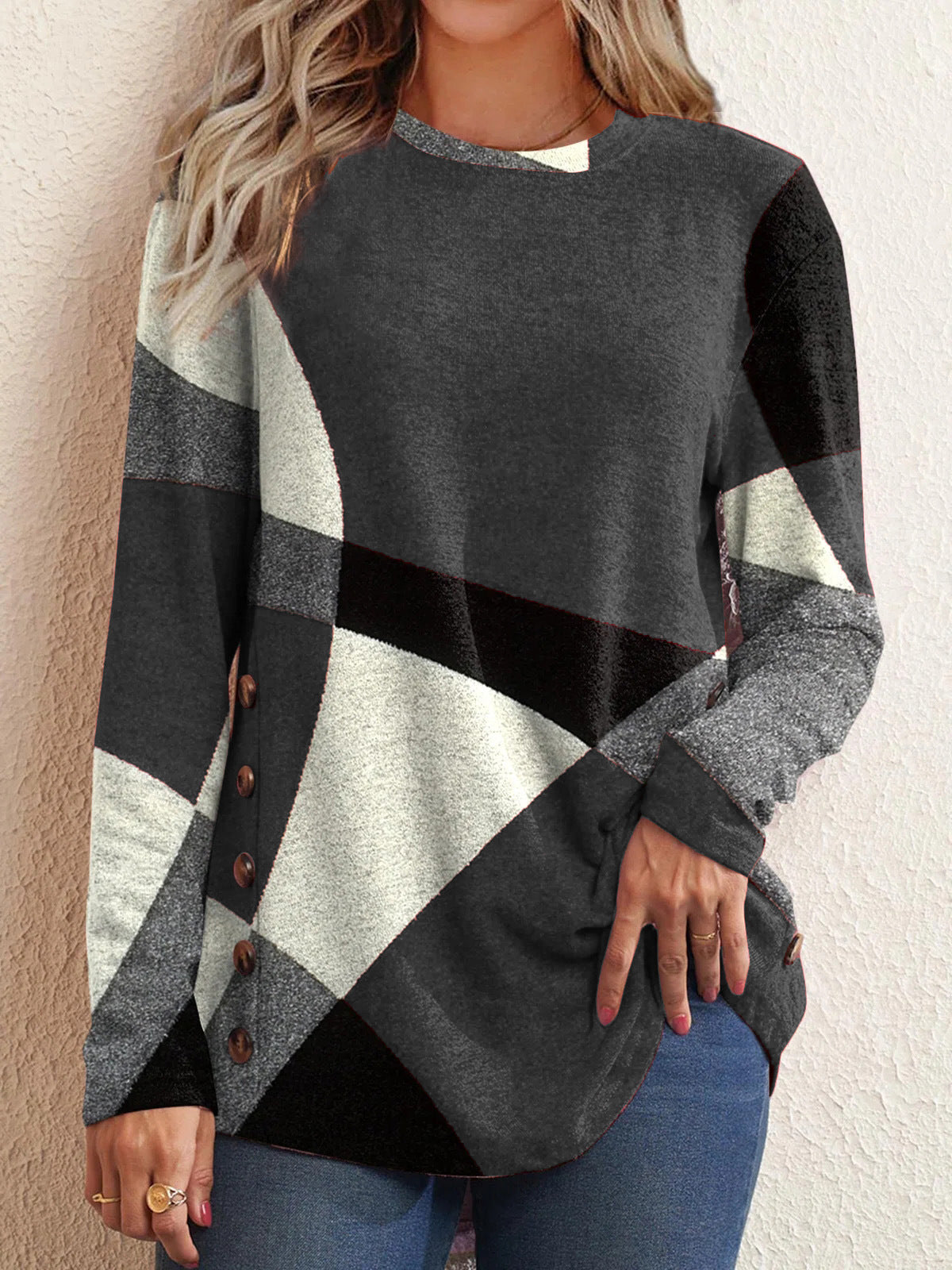 Button Geometric Contrast Long Sleeve Print Loose T-Shirt
