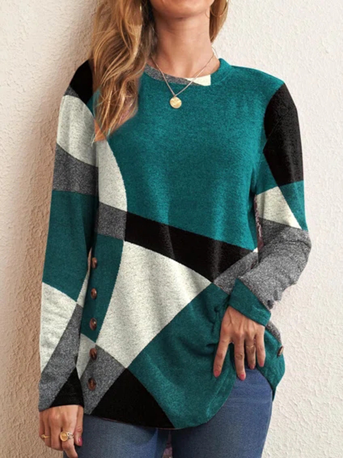 Button Geometric Contrast Long Sleeve Print Loose T-Shirt