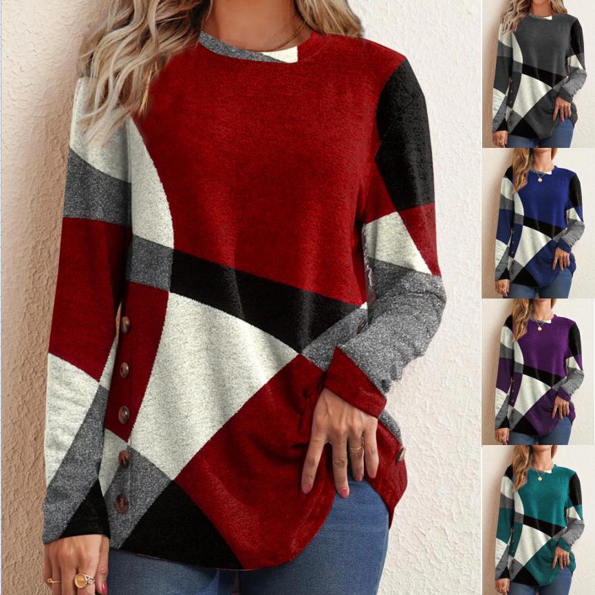 Button Geometric Contrast Long Sleeve Print Loose T-Shirt