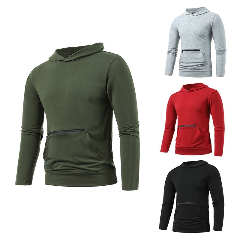 Men's Casual Double Pocket Hooded Long Sleeve Solid Sports T-shirt