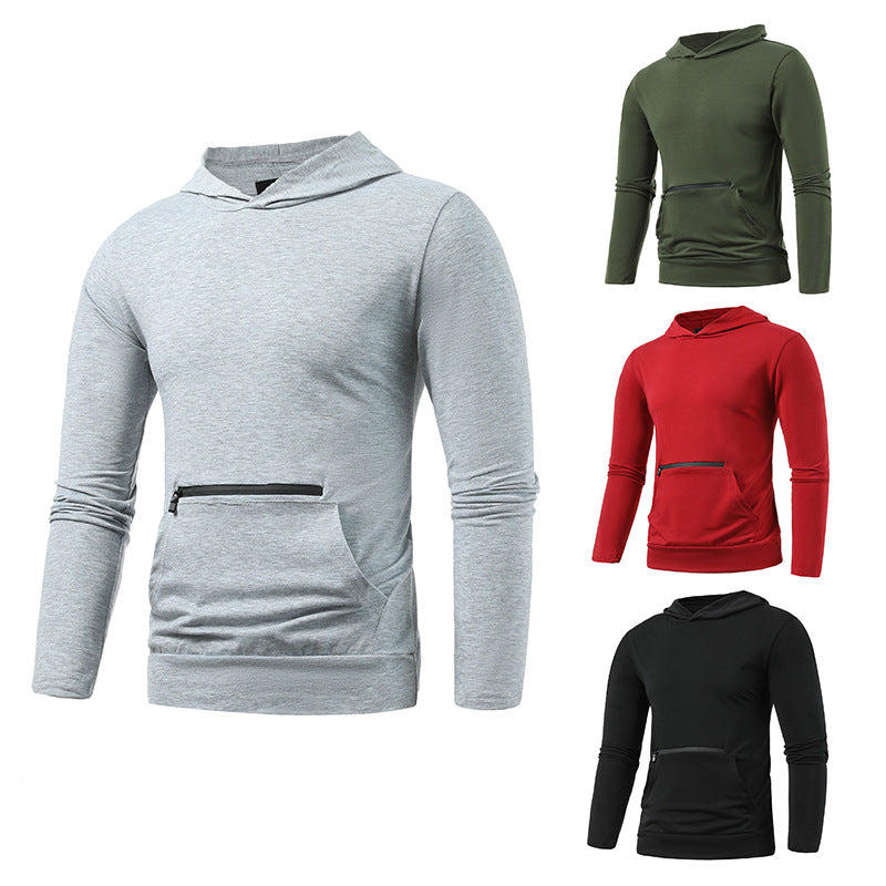 Men's Casual Double Pocket Hooded Long Sleeve Solid Sports T-shirt