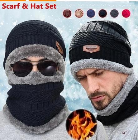 Winter Beanie; Hat/Scarf Set | Warm Knit Hat - Thick Fleece Lined