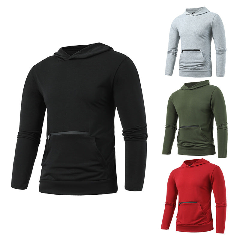 Men's Casual Double Pocket Hooded Long Sleeve Solid Sports T-shirt