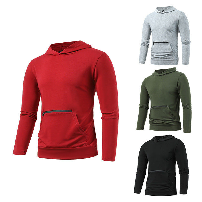 Men's Casual Double Pocket Hooded Long Sleeve Solid Sports T-shirt
