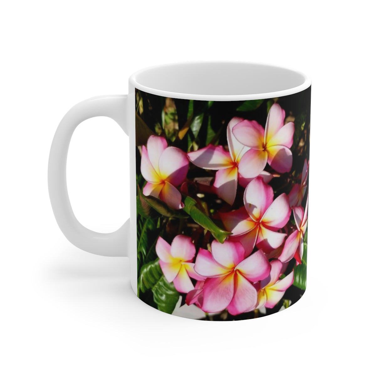 Islander Style Striped Pink Plumeria Ceramic Mug, 11oz and 15oz