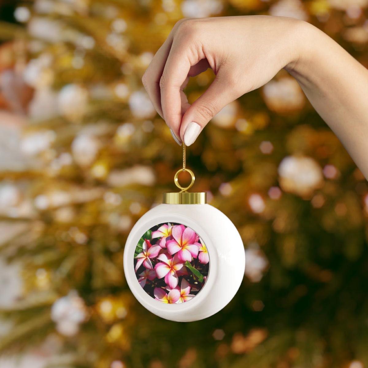 Island Style Pink Striped Plumeria Christmas Ball Ornament