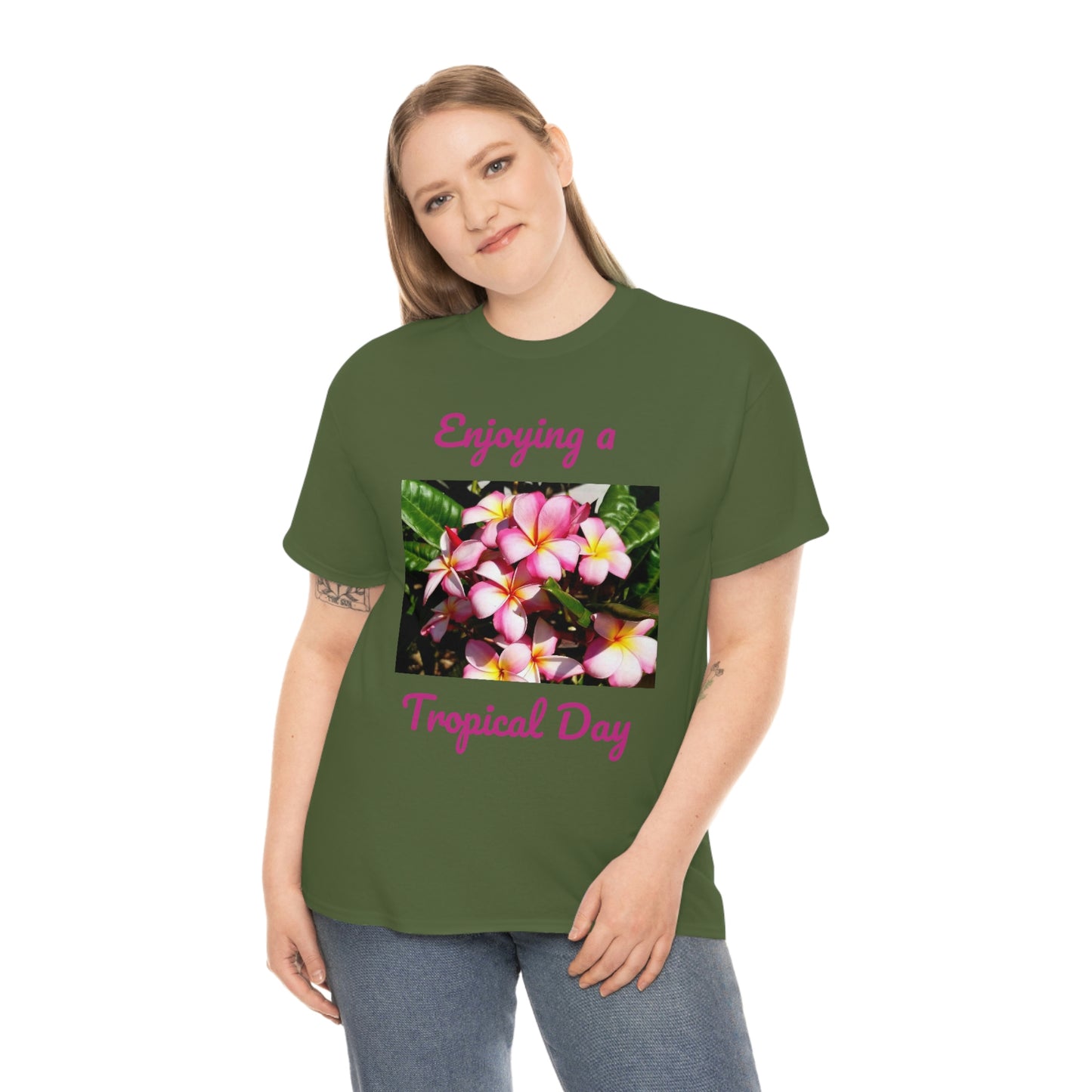 Islander Striped Plumeria Unisex Heavy Cotton Tee