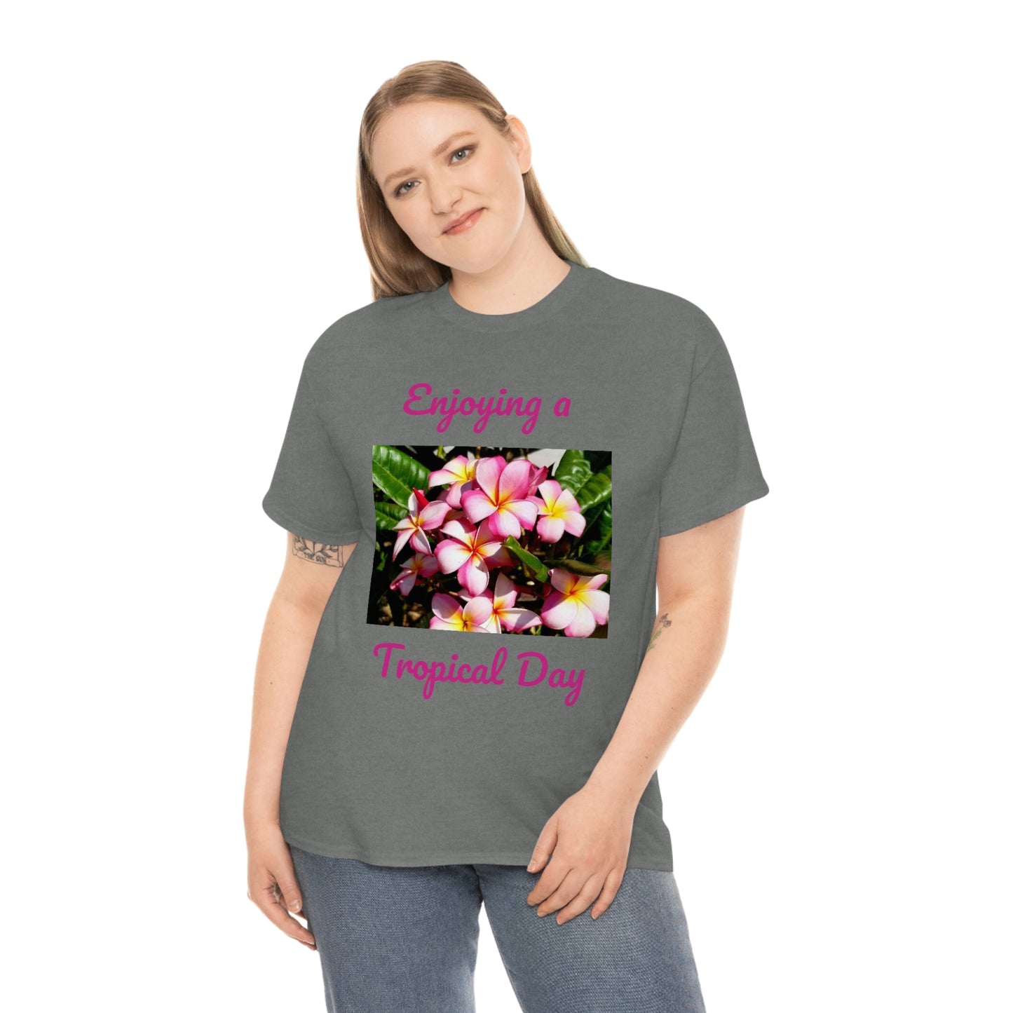 Islander Striped Plumeria Unisex Heavy Cotton Tee