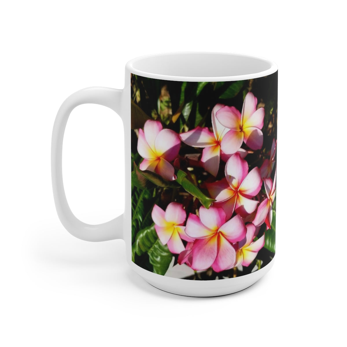 Islander Style Striped Pink Plumeria Ceramic Mug, 11oz and 15oz