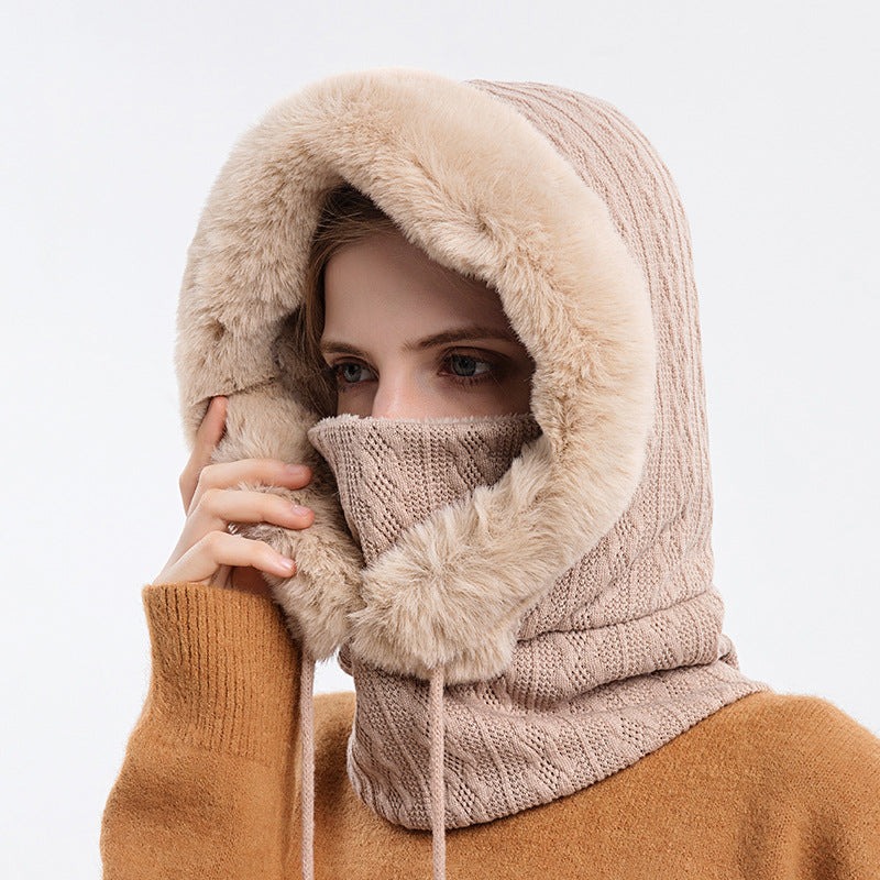 Thick Plush Hat With Scarf. Windproof Hooded Warm Knit Hats For Women