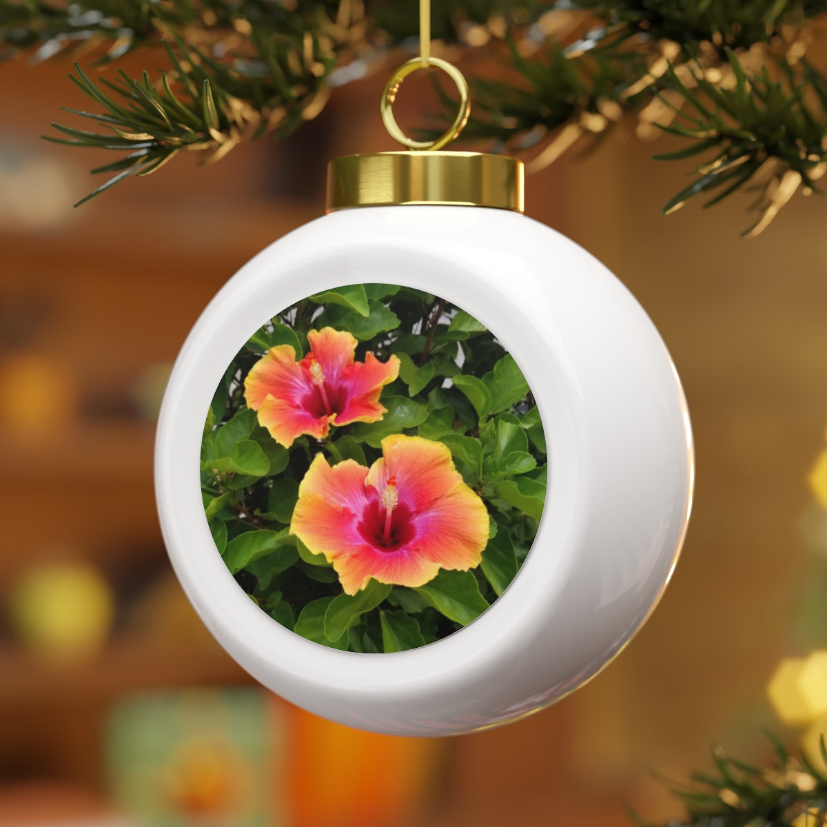 Island Style Hibiscus Christmas Ball Ornament