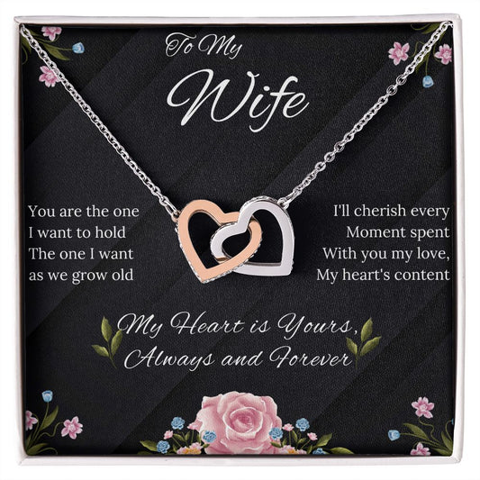 Wife - Interlocking Hearts Necklace (Polished surgical steel and Rose Gold or Yellow Gold)-
