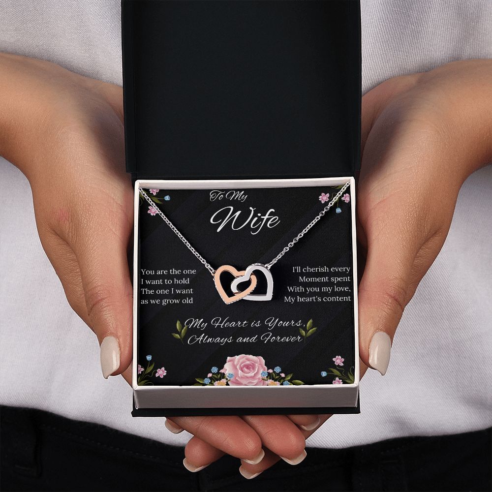 Wife - Interlocking Hearts Necklace (Polished surgical steel and Rose Gold or Yellow Gold)-