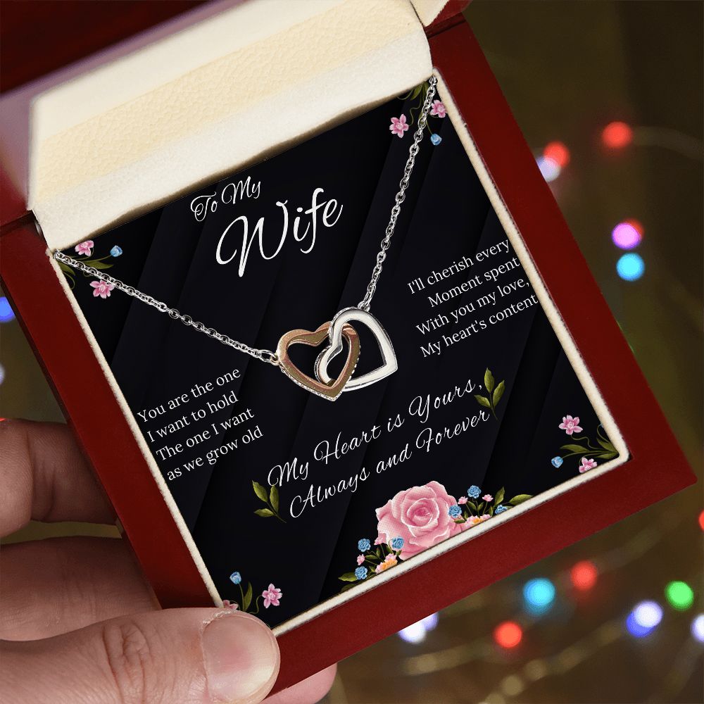 Wife - Interlocking Hearts Necklace (Polished surgical steel and Rose Gold or Yellow Gold)-