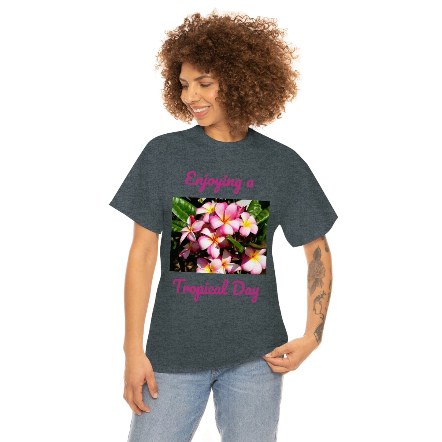 Islander Striped Plumeria Unisex Heavy Cotton Tee