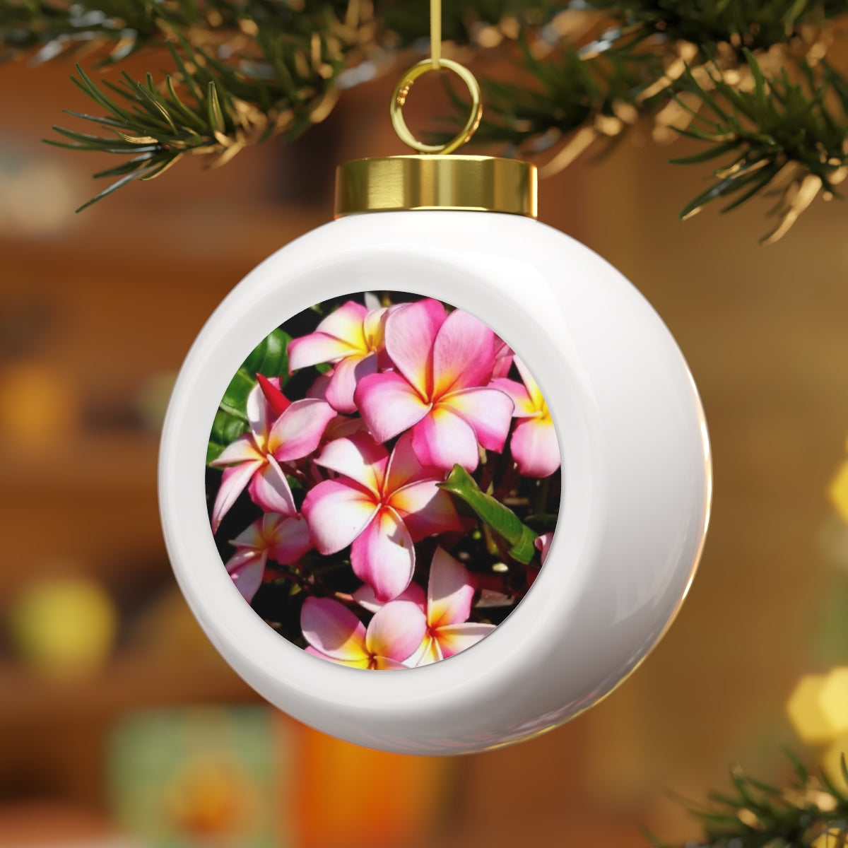 Island Style Pink Striped Plumeria Christmas Ball Ornament